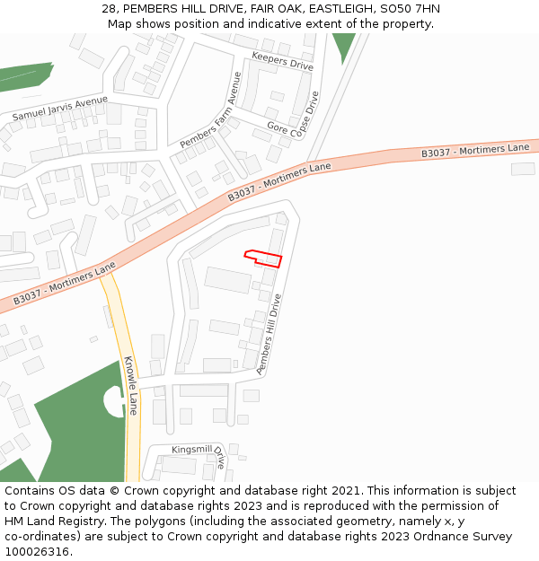 28, PEMBERS HILL DRIVE, FAIR OAK, EASTLEIGH, SO50 7HN: Location map and indicative extent of plot