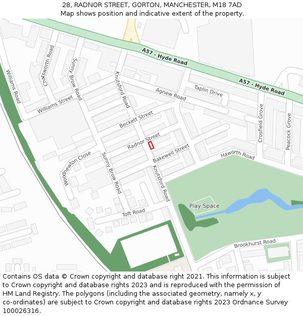 28, RADNOR STREET, GORTON, MANCHESTER, M18 7AD: Location map and indicative extent of plot