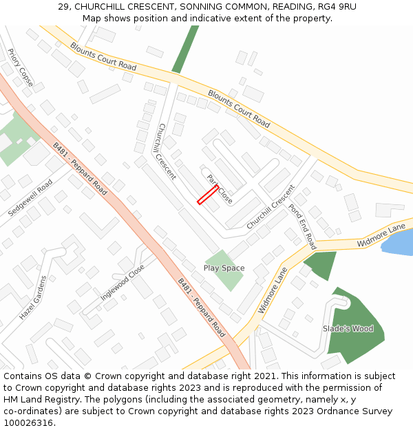 29, CHURCHILL CRESCENT, SONNING COMMON, READING, RG4 9RU: Location map and indicative extent of plot