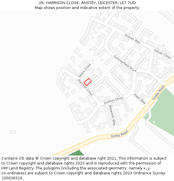 29, HARRISON CLOSE, ANSTEY, LEICESTER, LE7 7UD: Location map and indicative extent of plot