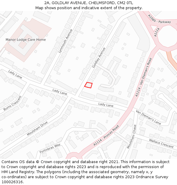 2A, GOLDLAY AVENUE, CHELMSFORD, CM2 0TL: Location map and indicative extent of plot