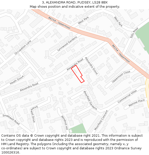 3, ALEXANDRA ROAD, PUDSEY, LS28 8BX: Location map and indicative extent of plot