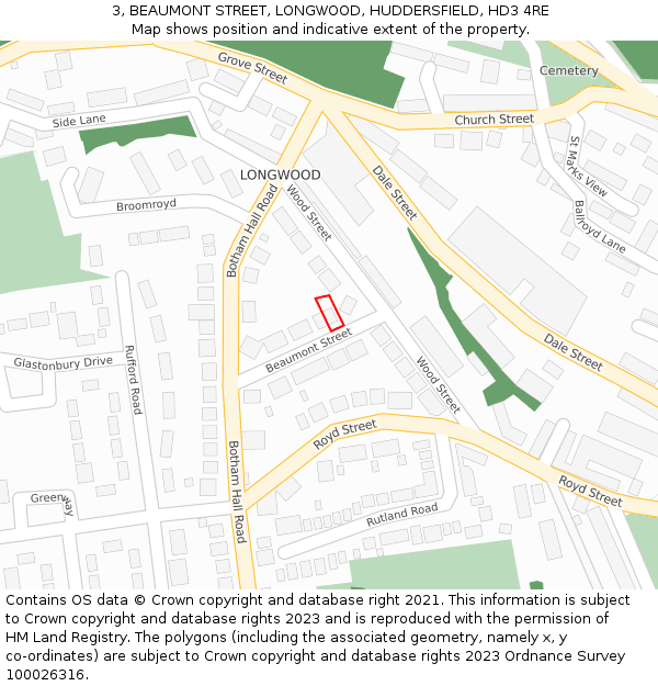 3, BEAUMONT STREET, LONGWOOD, HUDDERSFIELD, HD3 4RE: Location map and indicative extent of plot
