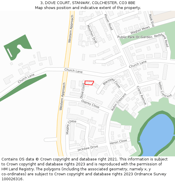 3, DOVE COURT, STANWAY, COLCHESTER, CO3 8BE: Location map and indicative extent of plot