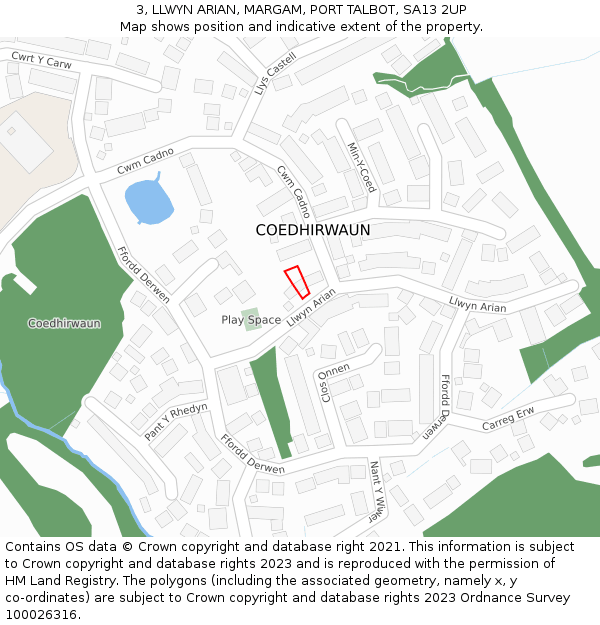 3, LLWYN ARIAN, MARGAM, PORT TALBOT, SA13 2UP: Location map and indicative extent of plot