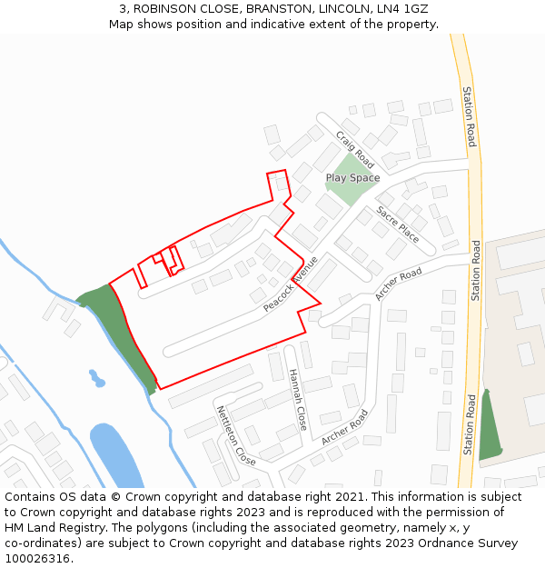 3, ROBINSON CLOSE, BRANSTON, LINCOLN, LN4 1GZ: Location map and indicative extent of plot