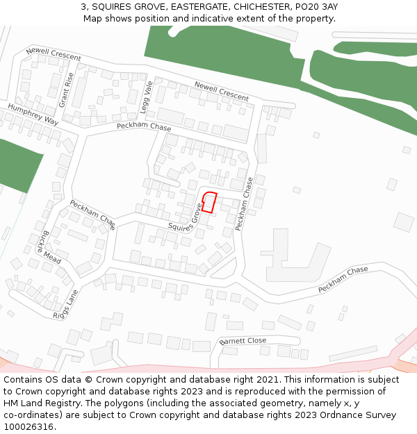 3, SQUIRES GROVE, EASTERGATE, CHICHESTER, PO20 3AY: Location map and indicative extent of plot