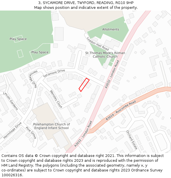 3, SYCAMORE DRIVE, TWYFORD, READING, RG10 9HP: Location map and indicative extent of plot