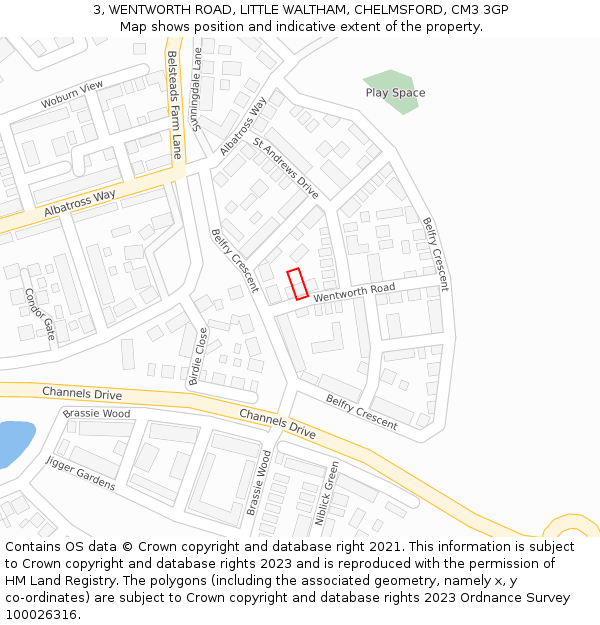 3, WENTWORTH ROAD, LITTLE WALTHAM, CHELMSFORD, CM3 3GP: Location map and indicative extent of plot