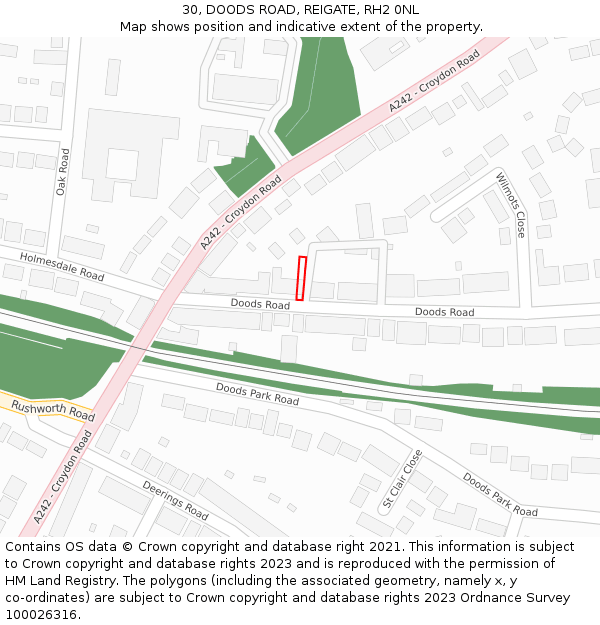 30, DOODS ROAD, REIGATE, RH2 0NL: Location map and indicative extent of plot