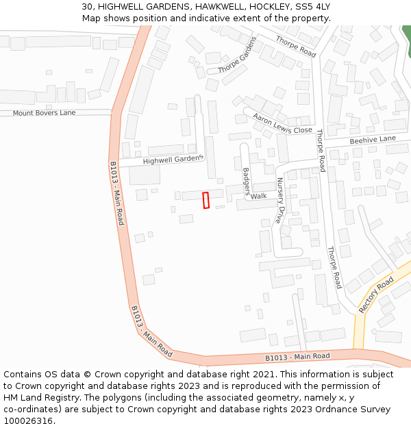 30, HIGHWELL GARDENS, HAWKWELL, HOCKLEY, SS5 4LY: Location map and indicative extent of plot