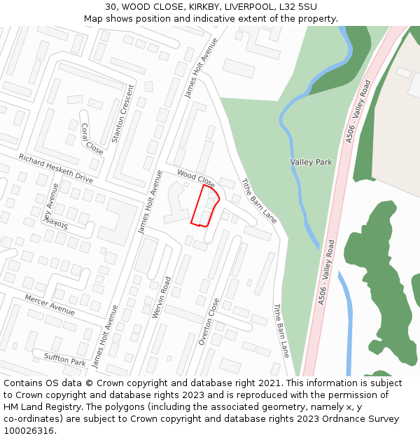 30, WOOD CLOSE, KIRKBY, LIVERPOOL, L32 5SU: Location map and indicative extent of plot