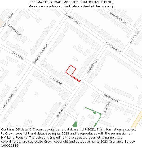 30B, MAYFIELD ROAD, MOSELEY, BIRMINGHAM, B13 9HJ: Location map and indicative extent of plot