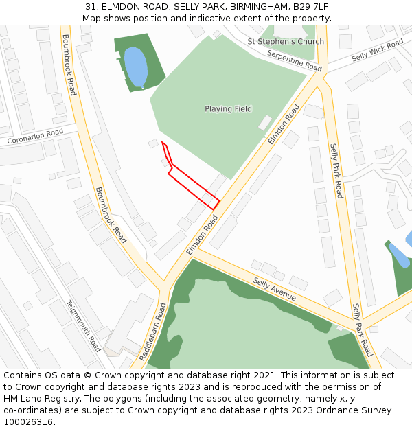 31, ELMDON ROAD, SELLY PARK, BIRMINGHAM, B29 7LF: Location map and indicative extent of plot
