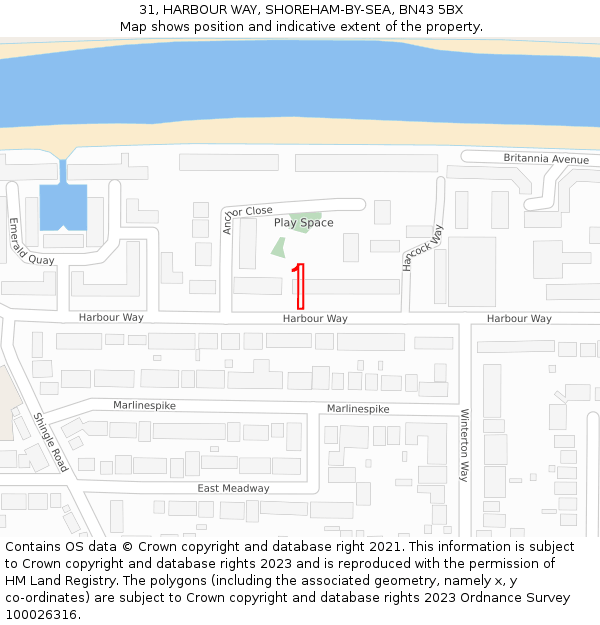 31, HARBOUR WAY, SHOREHAM-BY-SEA, BN43 5BX: Location map and indicative extent of plot