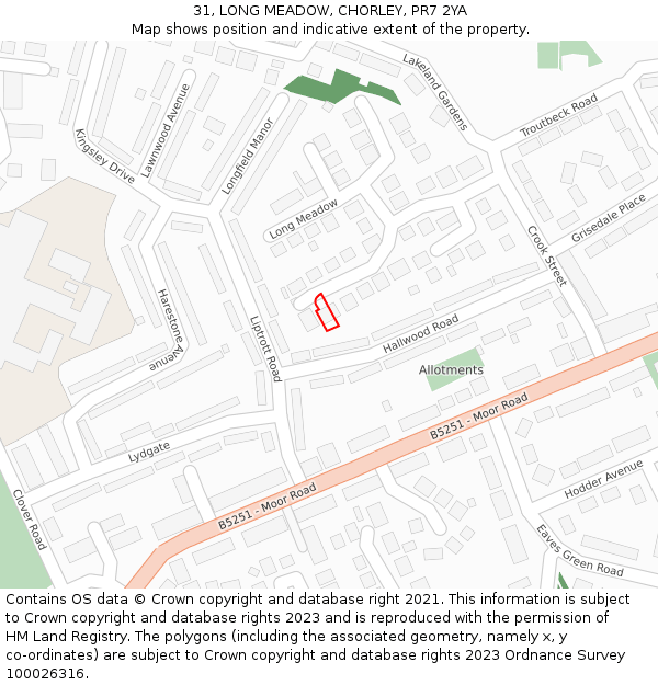 31, LONG MEADOW, CHORLEY, PR7 2YA: Location map and indicative extent of plot