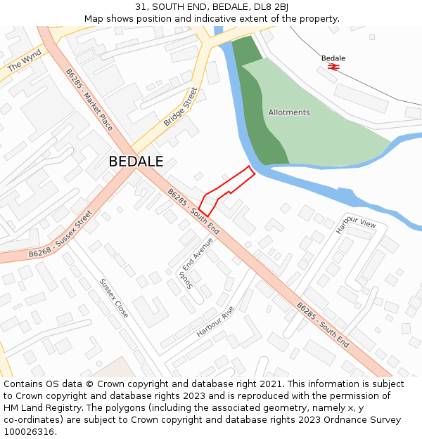 31, SOUTH END, BEDALE, DL8 2BJ: Location map and indicative extent of plot