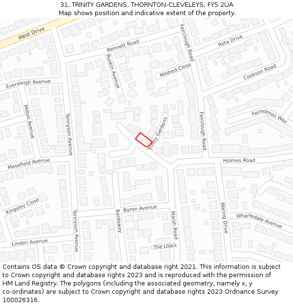 31, TRINITY GARDENS, THORNTON-CLEVELEYS, FY5 2UA: Location map and indicative extent of plot