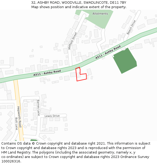 32, ASHBY ROAD, WOODVILLE, SWADLINCOTE, DE11 7BY: Location map and indicative extent of plot