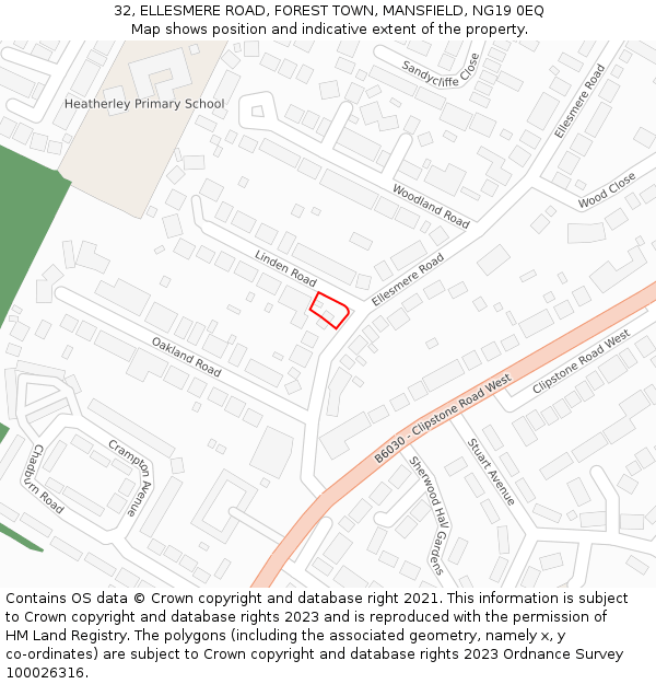 32, ELLESMERE ROAD, FOREST TOWN, MANSFIELD, NG19 0EQ: Location map and indicative extent of plot