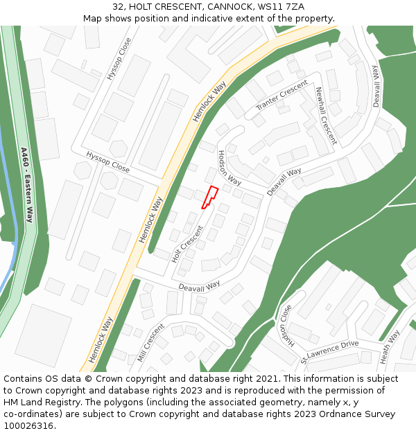 32, HOLT CRESCENT, CANNOCK, WS11 7ZA: Location map and indicative extent of plot