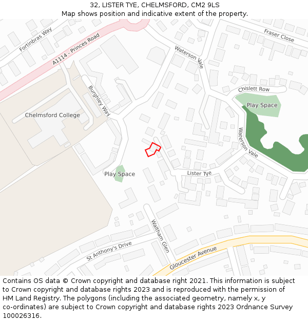32, LISTER TYE, CHELMSFORD, CM2 9LS: Location map and indicative extent of plot