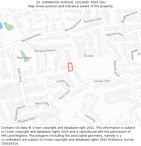 32, SHERWOOD AVENUE, LEYLAND, PR25 5AU: Location map and indicative extent of plot