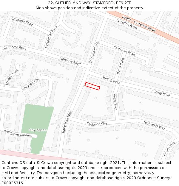 32, SUTHERLAND WAY, STAMFORD, PE9 2TB: Location map and indicative extent of plot