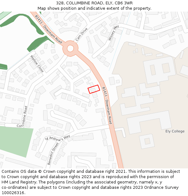 328, COLUMBINE ROAD, ELY, CB6 3WR: Location map and indicative extent of plot