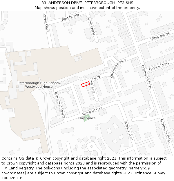33, ANDERSON DRIVE, PETERBOROUGH, PE3 6HS: Location map and indicative extent of plot