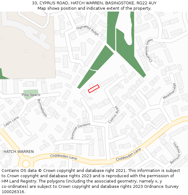 33, CYPRUS ROAD, HATCH WARREN, BASINGSTOKE, RG22 4UY: Location map and indicative extent of plot