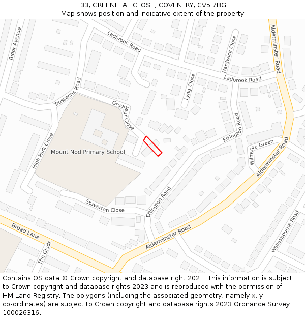 33, GREENLEAF CLOSE, COVENTRY, CV5 7BG: Location map and indicative extent of plot