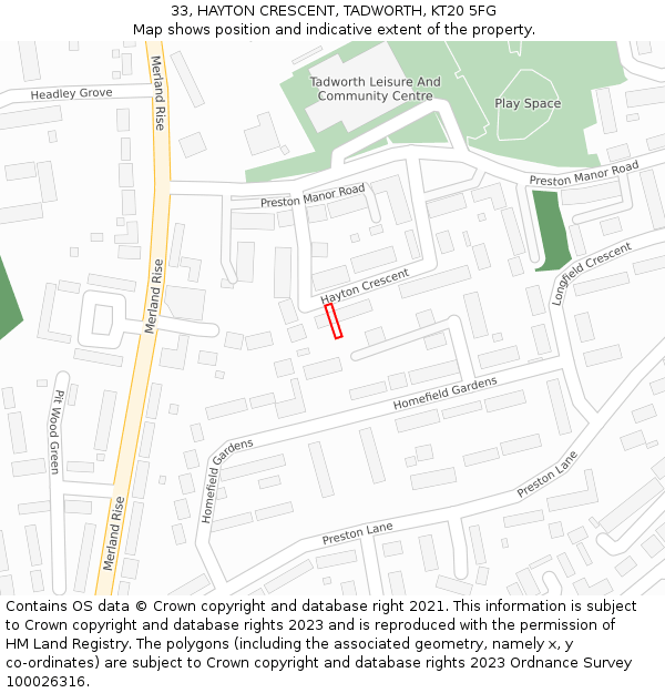 33, HAYTON CRESCENT, TADWORTH, KT20 5FG: Location map and indicative extent of plot