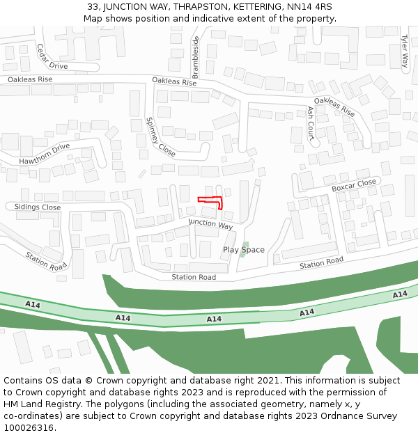 33, JUNCTION WAY, THRAPSTON, KETTERING, NN14 4RS: Location map and indicative extent of plot
