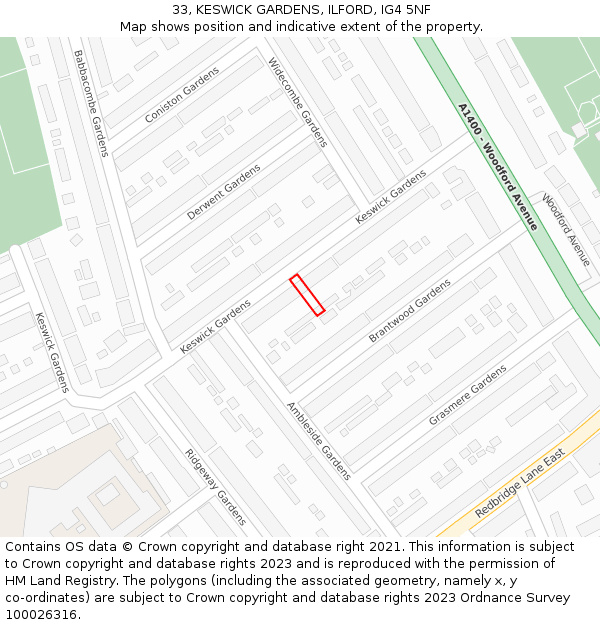 33, KESWICK GARDENS, ILFORD, IG4 5NF: Location map and indicative extent of plot