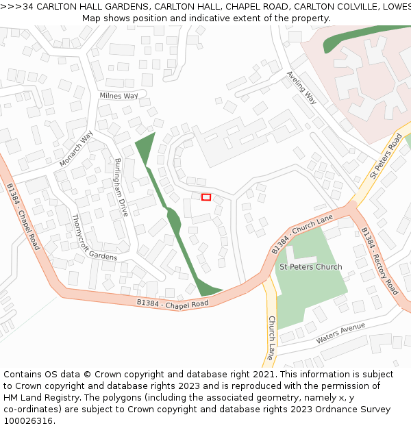 34 CARLTON HALL GARDENS, CARLTON HALL, CHAPEL ROAD, CARLTON COLVILLE, LOWESTOFT, NR33 8BL: Location map and indicative extent of plot