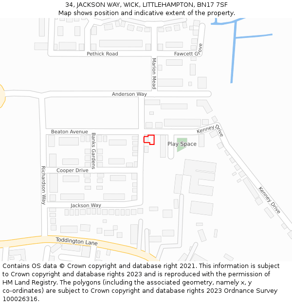 34, JACKSON WAY, WICK, LITTLEHAMPTON, BN17 7SF: Location map and indicative extent of plot