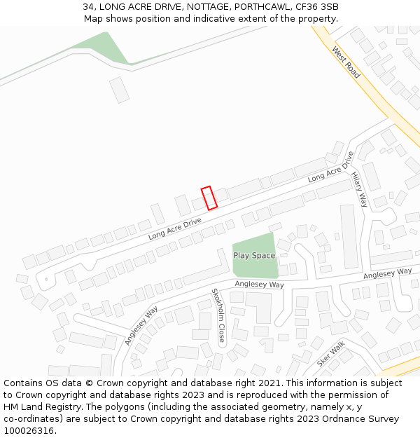 34, LONG ACRE DRIVE, NOTTAGE, PORTHCAWL, CF36 3SB: Location map and indicative extent of plot