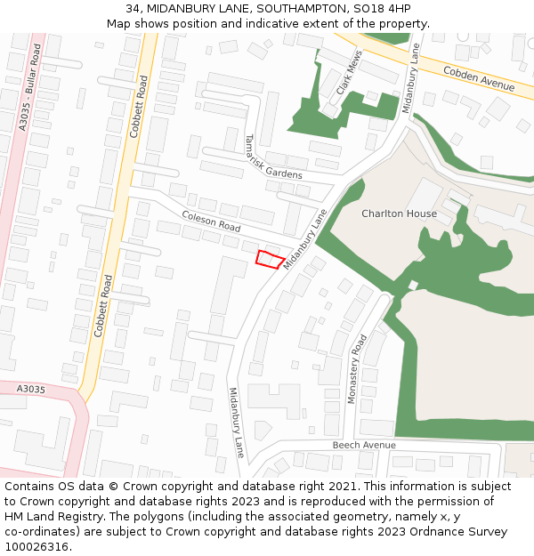 34, MIDANBURY LANE, SOUTHAMPTON, SO18 4HP: Location map and indicative extent of plot