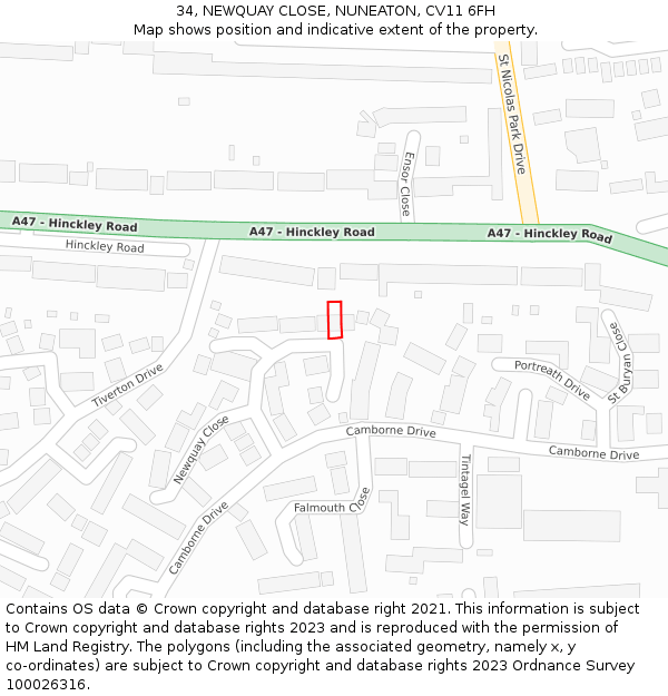 34, NEWQUAY CLOSE, NUNEATON, CV11 6FH: Location map and indicative extent of plot