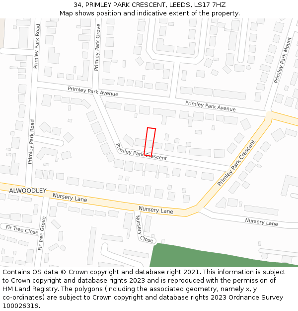 34, PRIMLEY PARK CRESCENT, LEEDS, LS17 7HZ: Location map and indicative extent of plot