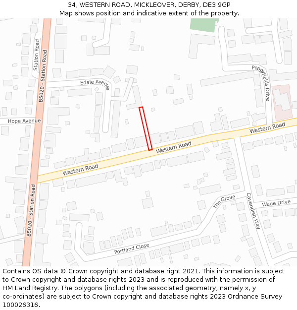 34, WESTERN ROAD, MICKLEOVER, DERBY, DE3 9GP: Location map and indicative extent of plot