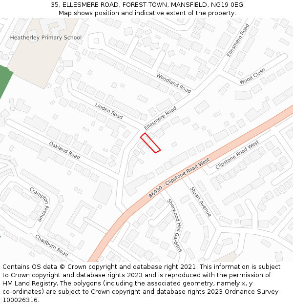 35, ELLESMERE ROAD, FOREST TOWN, MANSFIELD, NG19 0EG: Location map and indicative extent of plot