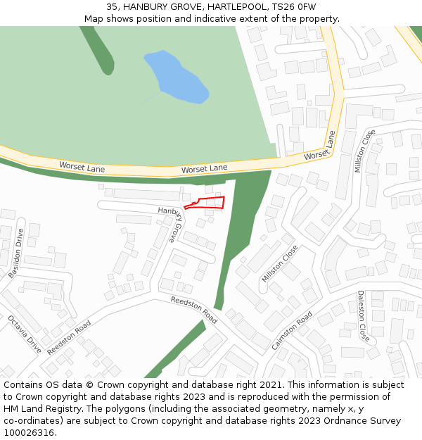 35, HANBURY GROVE, HARTLEPOOL, TS26 0FW: Location map and indicative extent of plot
