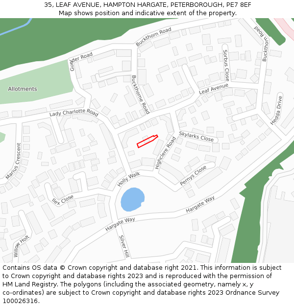 35, LEAF AVENUE, HAMPTON HARGATE, PETERBOROUGH, PE7 8EF: Location map and indicative extent of plot