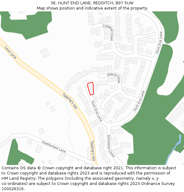 36, HUNT END LANE, REDDITCH, B97 5UW: Location map and indicative extent of plot