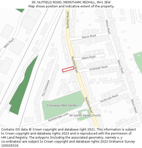 36, NUTFIELD ROAD, MERSTHAM, REDHILL, RH1 3EW: Location map and indicative extent of plot