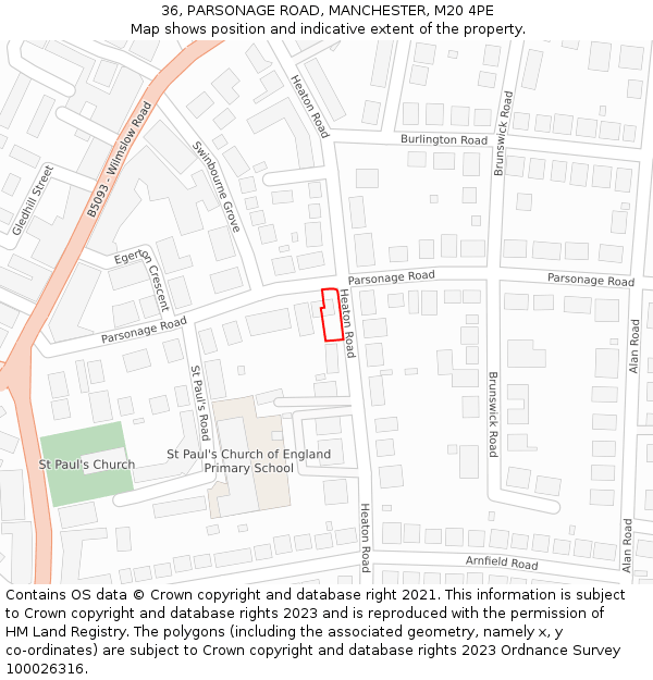 36, PARSONAGE ROAD, MANCHESTER, M20 4PE: Location map and indicative extent of plot