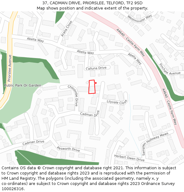 37, CADMAN DRIVE, PRIORSLEE, TELFORD, TF2 9SD: Location map and indicative extent of plot