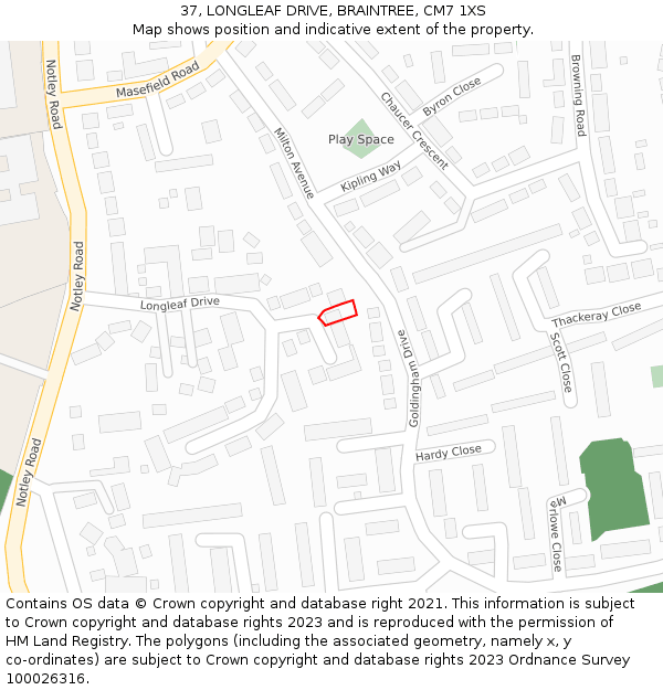 37, LONGLEAF DRIVE, BRAINTREE, CM7 1XS: Location map and indicative extent of plot
